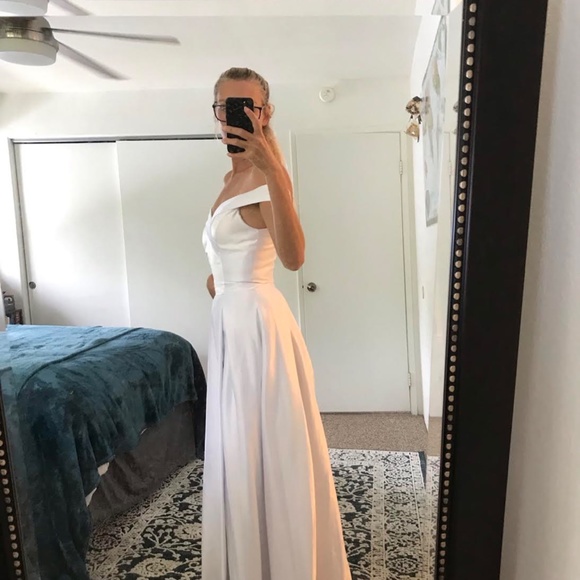 Off the shoulder wedding satin aline dress - Picture 4 of 5